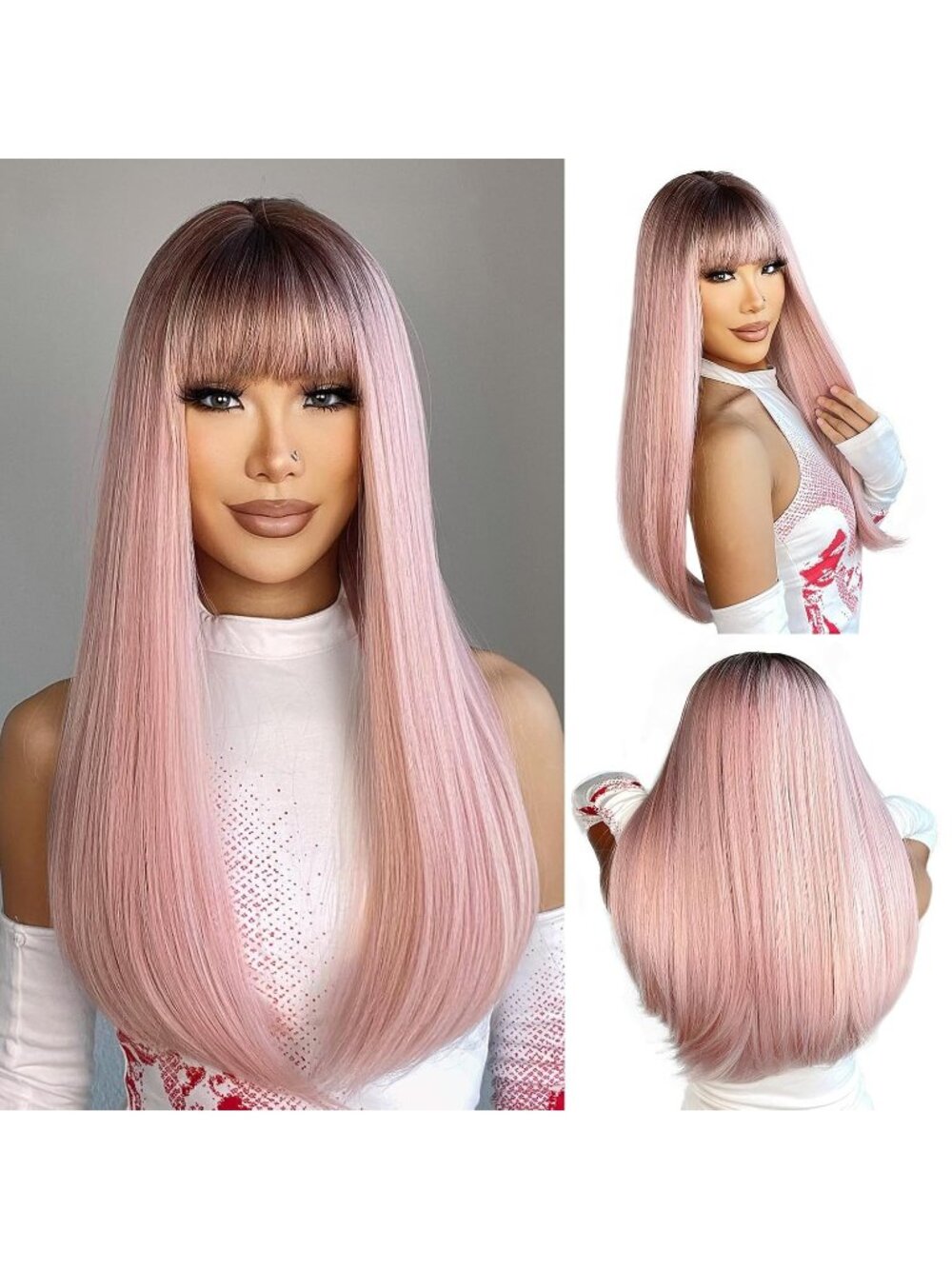 Women's Purple Pink 22 Inch Heat Resistant Synthetic Long Straight Wigs Bangs